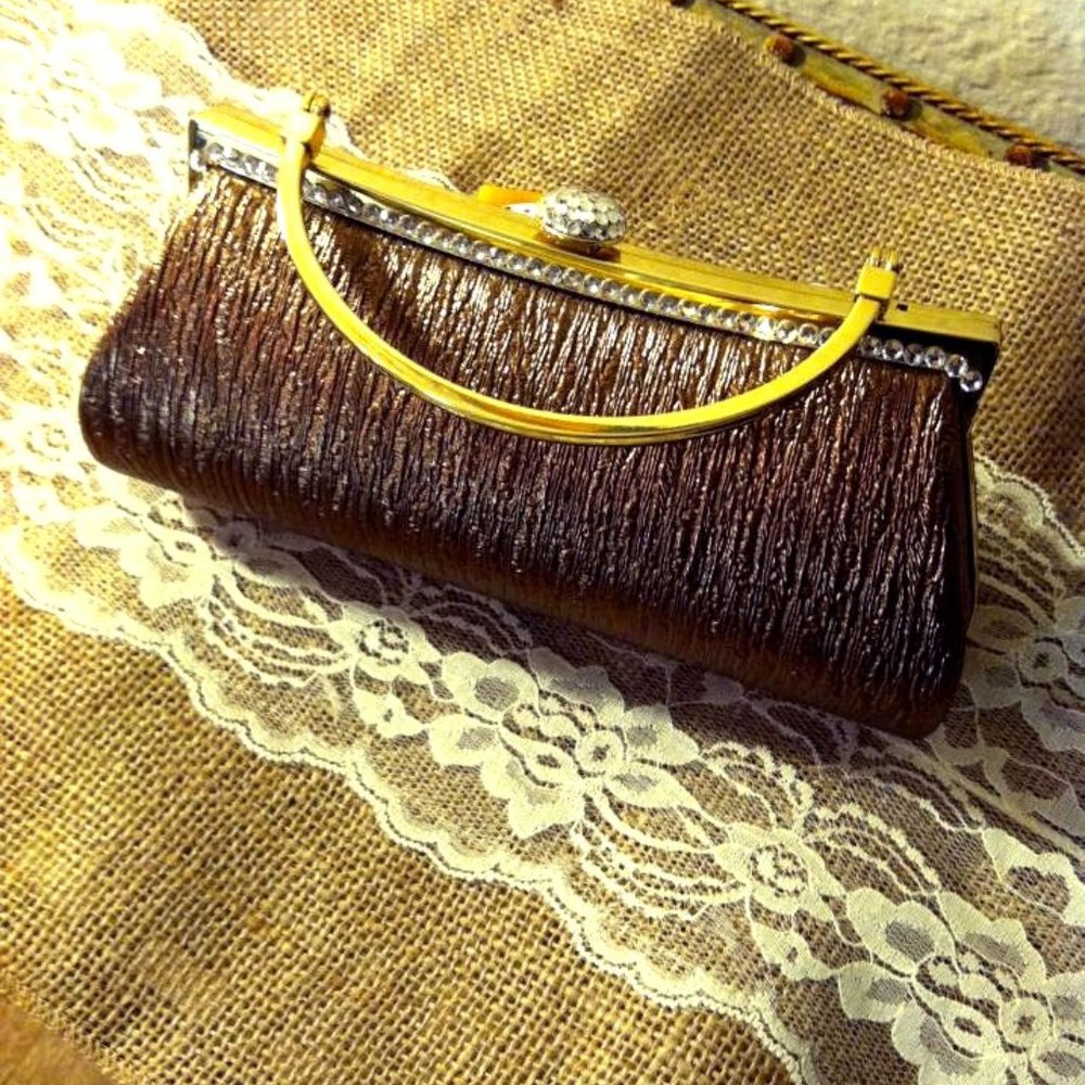 Textured Gold Clutch with Rhinestone Clasp